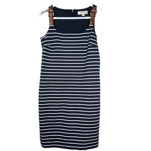 Michael Kors Navy White Sheath Dress Small Leather Strap Detail Officecore